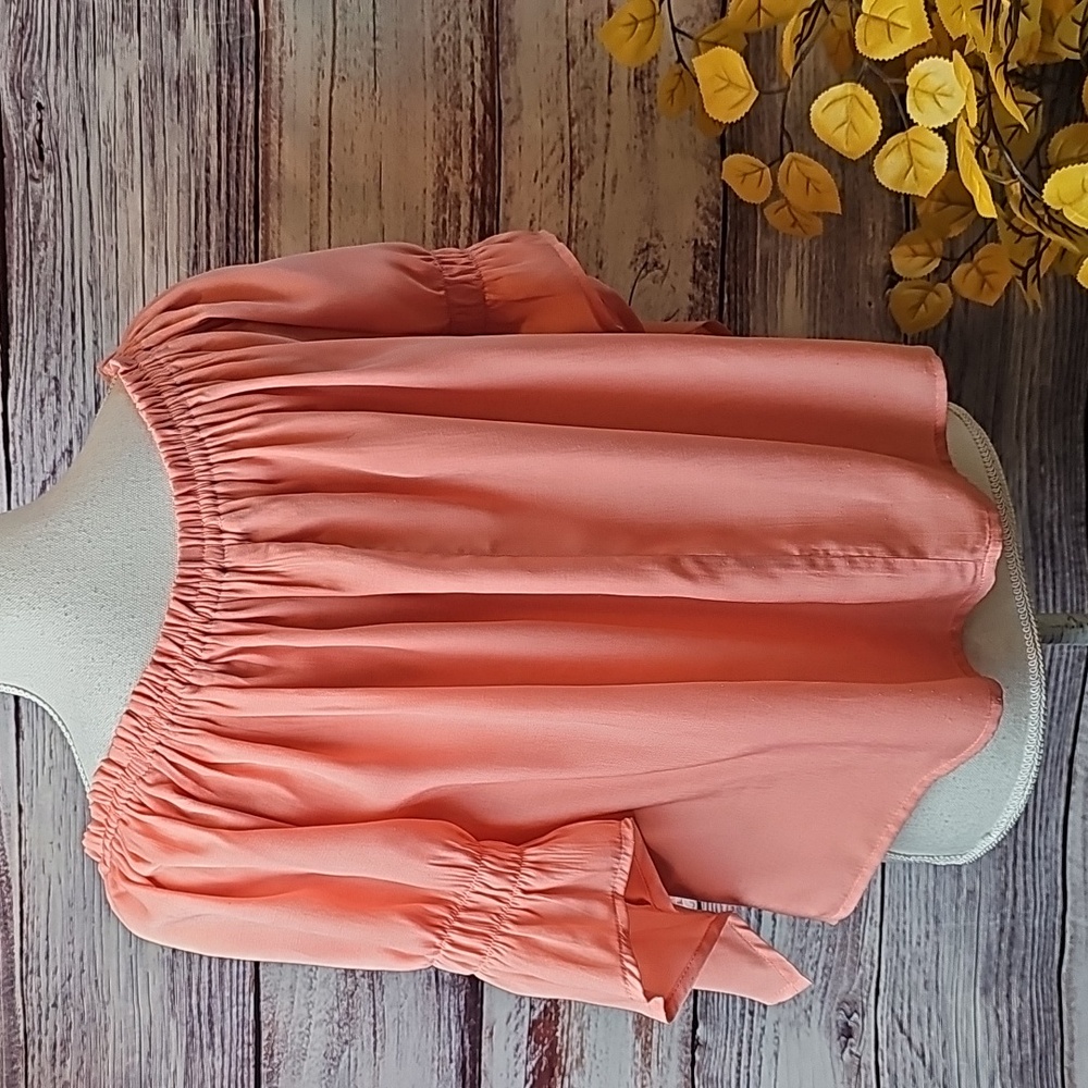 NOBLE U MELON OFF THE SHOULDER 3/4 ASYMMETRICAL SLEEVE BABYDOLL CROP TOP - Picture 6 of 12